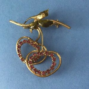 2 Cherries gold tone pin brooch pink rhinestones and green enamel leaves